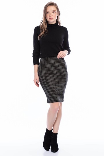 8525287 Pitikare Desenli Beli Lastikli Yırtmaçlı Kalem Etek HAKI