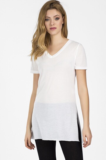 9041038 V Yaka Yanı Yırtmaçlı Kısa Kol T.Shirt EKRU