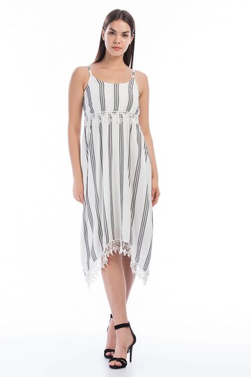 8280667 Şile Bezi Çizgi Desenli Çapraz Askılı Elbise EKRU SIYAH