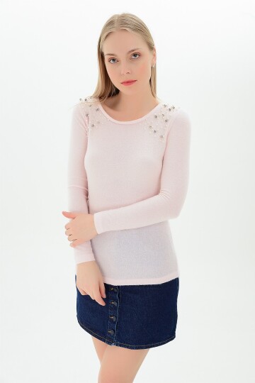 9100938 Yumoş İki Omuzu İncili Uzun Kol Bluz PUDRA