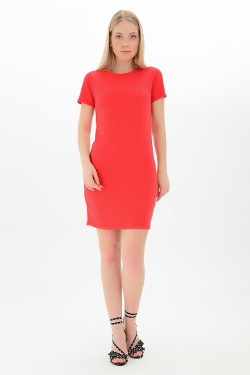9111112 İkiiplik Bisiklet Yaka Kısa Kollu Elbise KIRMIZI