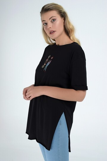 9112913 Süprem Önü Nakışlı Kısa Kol Tshirt SIYAH