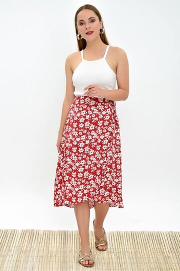 9313124 Dok.Viskon Desenli Beli Bağlamalı Anvelop Etek KIREMIT-BEYAZ