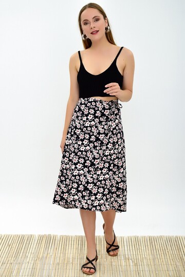 9313124 Dok.Viskon Desenli Beli Bağlamalı Anvelop Etek SIYAH-BEYAZ
