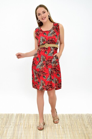 9315020 Dok.Viskon Desenli Cepli Kolsuz Elbise KIRMIZI-YESIL