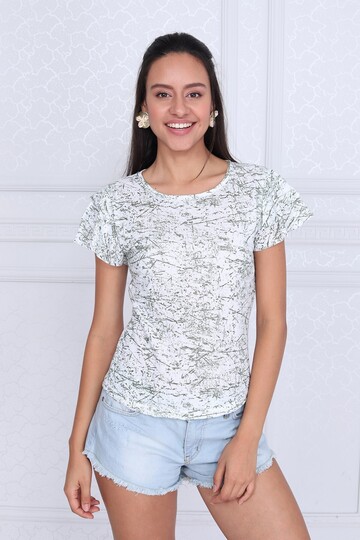 9333335 Süprem Desenli Katkat Fırfırlı Kısa Kol Bluz HAKI