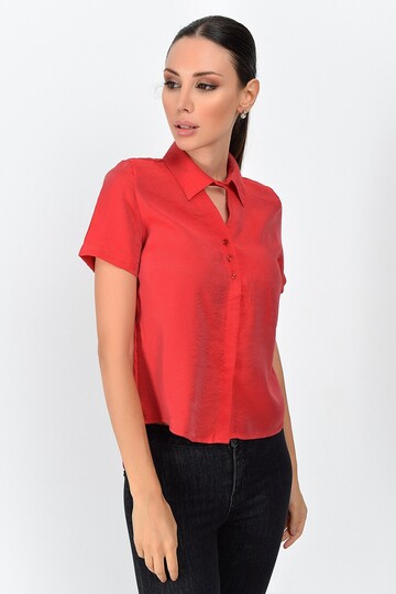 9362998 Bodrum Yaka Önü Pencereli Kısa Kol Gömlek KIRMIZI