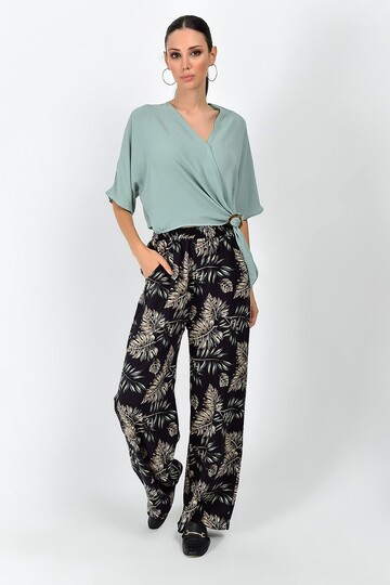 9363131 Dok.Viskon Yaprak Desen Bel Lastikli Cepli Pantolon SIYAH