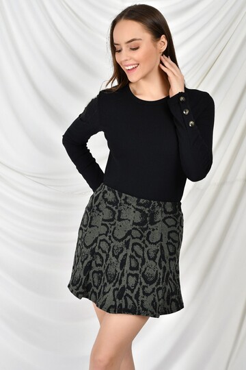 9404045 Leopar Desenli Parçalı Kısa Etek HAKI