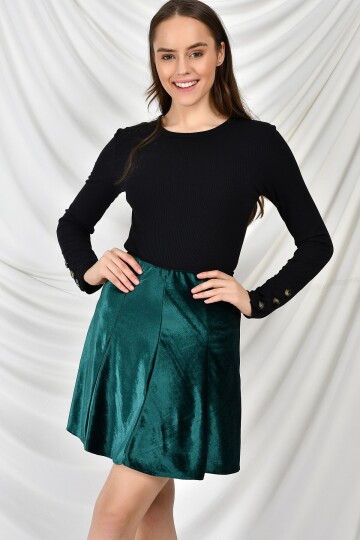 9474746 Kadife Parçalı Lastikli Kısa Etek NEFTI YESIL