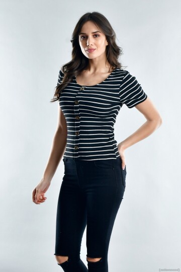 20021533 Kaşkorse Önü Düğmeli Kısa Kol Bluz SIYAH BEYAZ