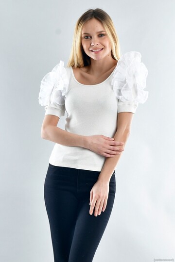 20021929 Kaşkorse Kısa Kol Omuzu Tül Bluz EKRU