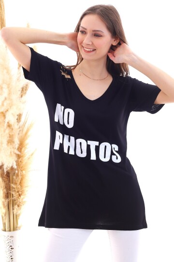 20050508 Süprem No Photos Baskılı Omuzu Yırtıklı Tunik SIYAH