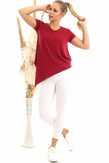 20060632 Viskon V Yaka Asimetrik Kısa Kol Bluz BORDO