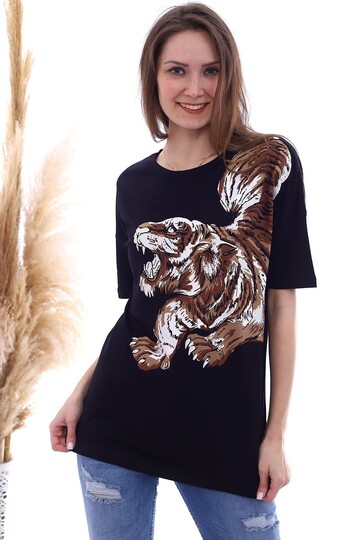 20061959 Süprem Taşlı Kaplan Baskılı T-Shirt SIYAH