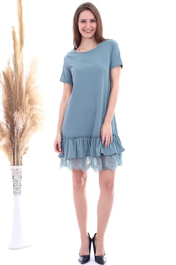 20063103 Süprem Eteği Dantelli Kısa Kol Elbise CAGLA YESIL