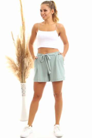 20064507 Örme Krep Cepli Bağlamalı Beli Lastikli Şort CAGLA YESIL