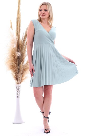 20070781 Örme Krep Eteği Pliseli Kruvaze Yaka Kolsuz Elbise CAGLA YESIL