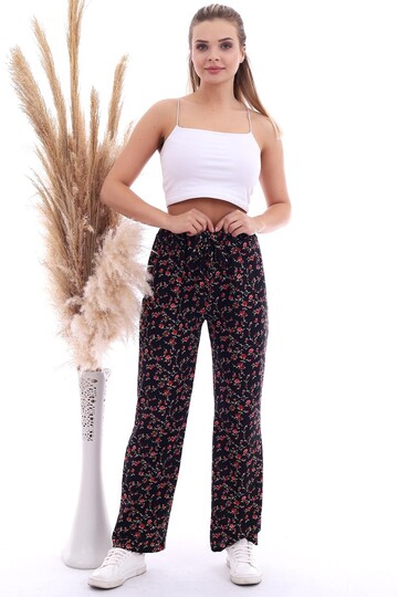 20070786 Örme Krep Beli Lastikli Bol Paça Pantolon SIYAH ÇIÇEKLER