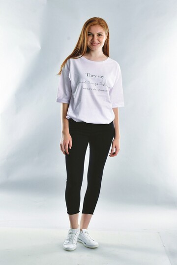 20071922 Süprem They Say Baskılı Taşlı Kısa Kol T-Shirt BEYAZ