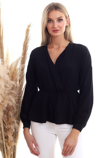 20333307 Dok.Viskon Kruvaze Yaka Uzun Kol Bluz SIYAH