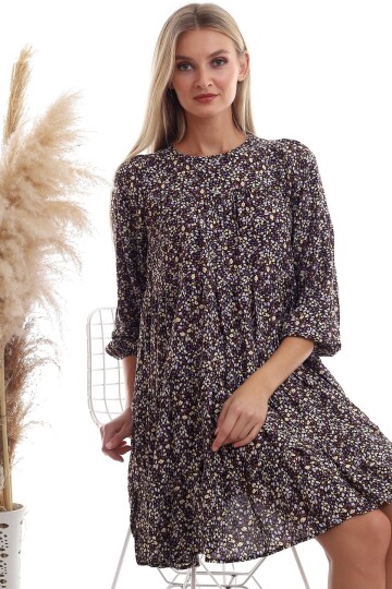 20333362 Dok.Viskon Desenli Uz.Kol Salash Elbise SIYAH LILA