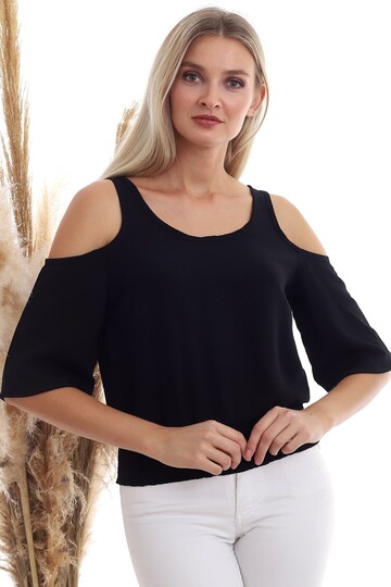 20333451 Ayrobin Omuzu Açık Beli Lastikli Kısa Kol Bluz SIYAH
