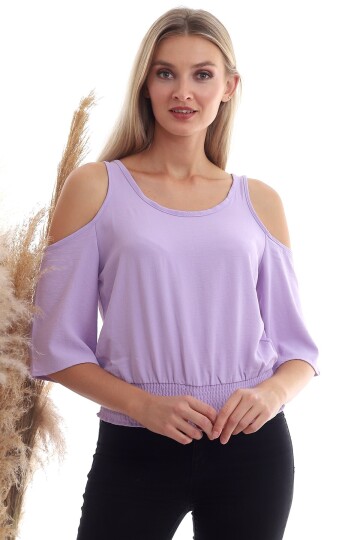 20333451 Ayrobin Omuzu Açık Beli Lastikli Kısa Kol Bluz LILA