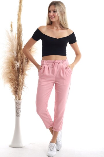 20343111 Viskon Flamlı Fermuarlı Fleto Cepli Havuç Pantolon GUL KURUSU