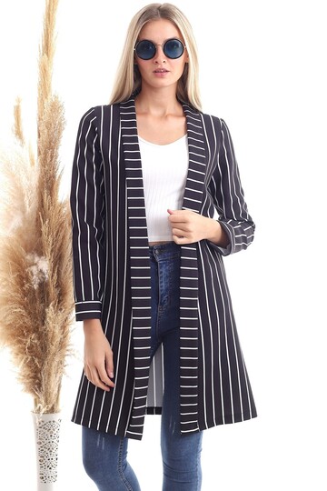 20343264 Atlas Çizgili Uzun Ceket SIYAH BEYAZ ÇIZGILI