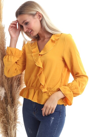 20343266 Ayrobin Kruvaze Fırfırlı Uzun Kol Bluz HARDAL