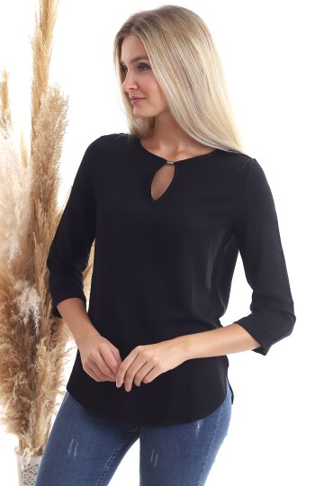 20343352 Dok.Viskon Yaka Aksesuarlı Uzun Kol Bluz SIYAH