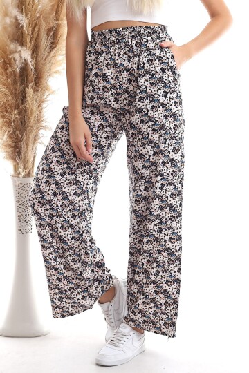 20343432 Dok.Viskon Çiçek Desenli Cepli Bol Paça Pantolon EKRU ÇIÇEK DESEN