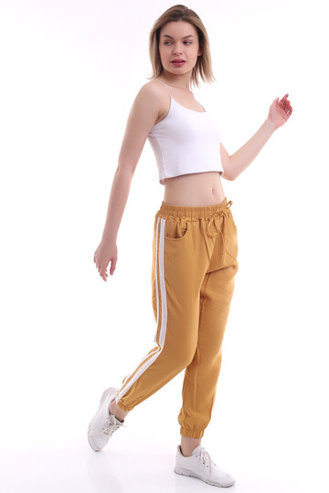21161665 Ayrobin Yanı Şeritli Bel Paça Lastik Cepli Pantolon HARDAL