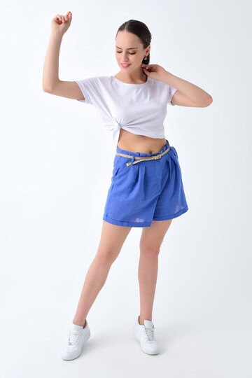 92210130 Keten Beli Katlı Kemerli Şort INDIGO