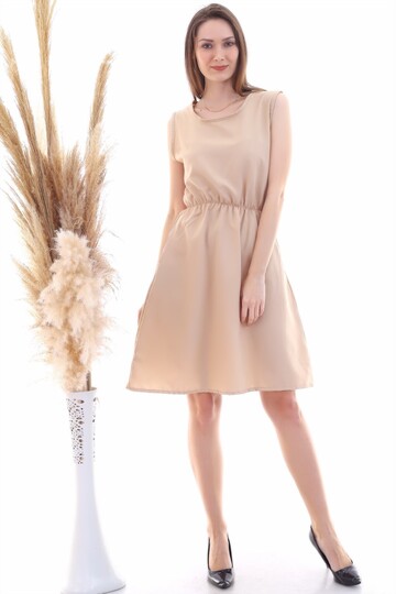 9315020 Dok.Viskon Desenli Cepli Kolsuz Elbise BEJ