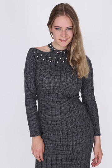 9361019 Jakarlı Kumaş Tek Omuzu Açık İncili Elbise EKOSE FUME-SIYAH