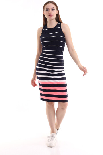 21252500 Viskon Çizgi Desenli Kolsuz Uzun Elbise LACIVERT BEYAZ ÇIZGILI