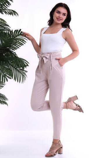 22223721 Parlak Deri Görünümlü Düğmeli Pantolon BEJ