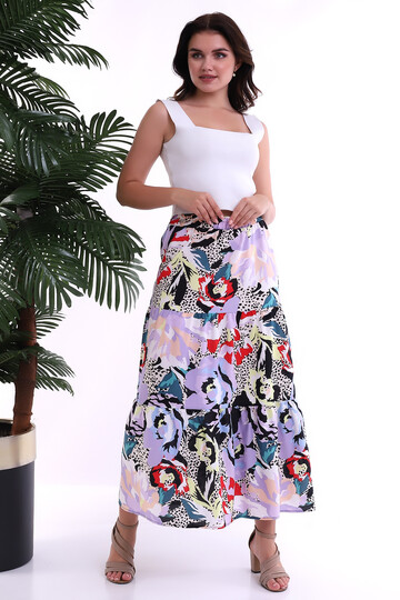 22223803 Dok.Viskon Desenli Çingene Etek SIYAH LILA