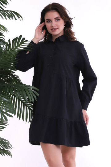 22224058 TerryCotton Gömlek Yaka Patlı Katlı Uzun Kol Elbise SIYAH