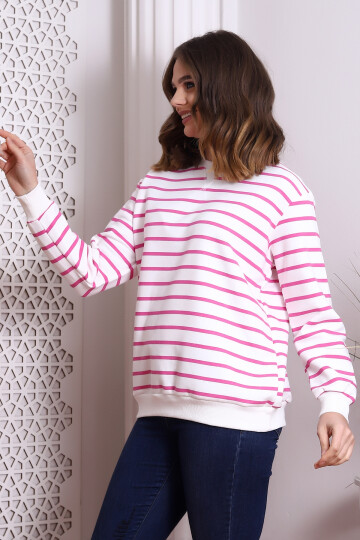 22434188 Üç İplik Çizgili Sweatshirt EKRU PEMBE