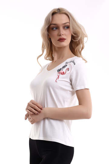 22474758 Süprem Omuzu Leylek Nakışlı Kısa Kol T-Shirt EKRU