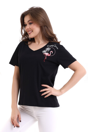 22474758 Süprem Omuzu Leylek Nakışlı Kısa Kol T-Shirt SIYAH