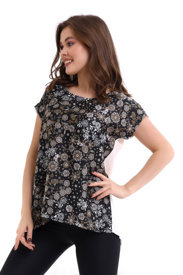 22484867 Krep Önü Desenli Sırtı Kruvaze Açık Yarasa Kol Bluz SIYAH EKRU