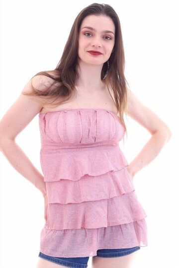 3022 Straplez eteği fırfırlı elbise PUDRA