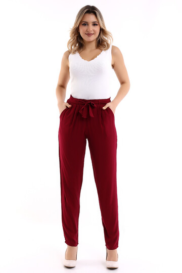 8083177 Belmando Viskon Beli Kuşaklı Cepli Lastikli Pantolon BORDO
