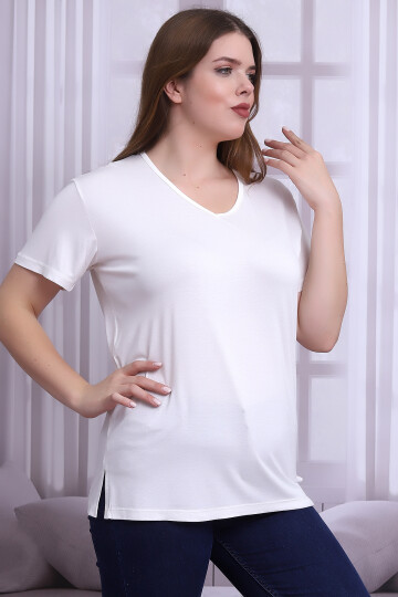 B21399902 Büyük Beden Viskon V Yaka Kısa Kol Bluz EKRU