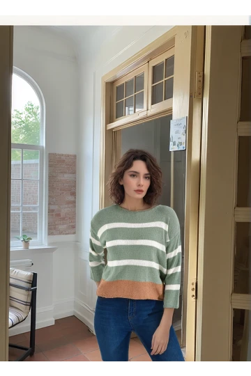 20026185 Triko Çizgili Bluz YESIL-EKRU