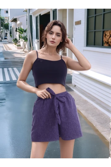 20074507 Dok.Keten Cepli Bağlamalı Beli Lastikli Şort LACIVERT